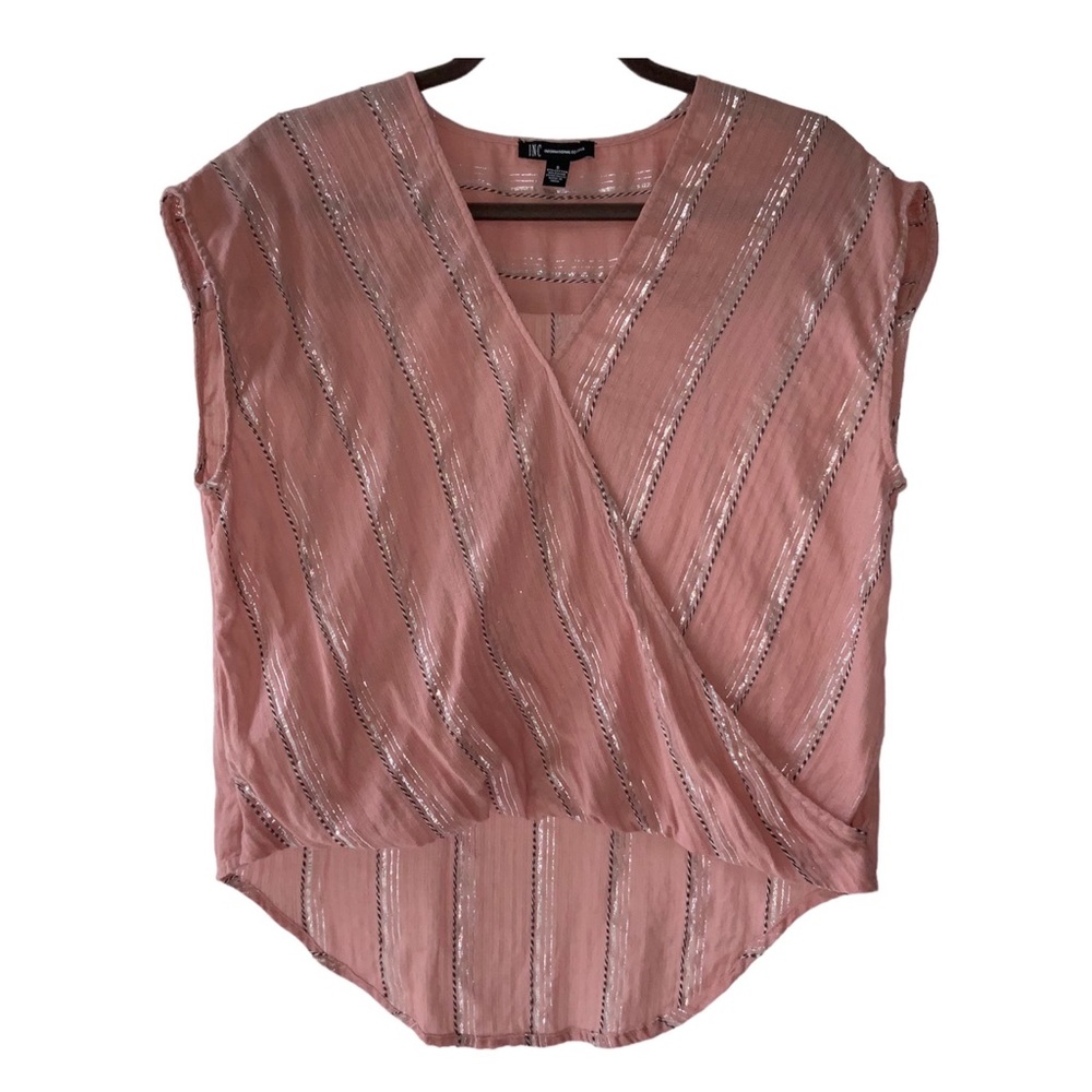 INC Faux Wrap Top Pink Silver Metallic Stripes Sz Small